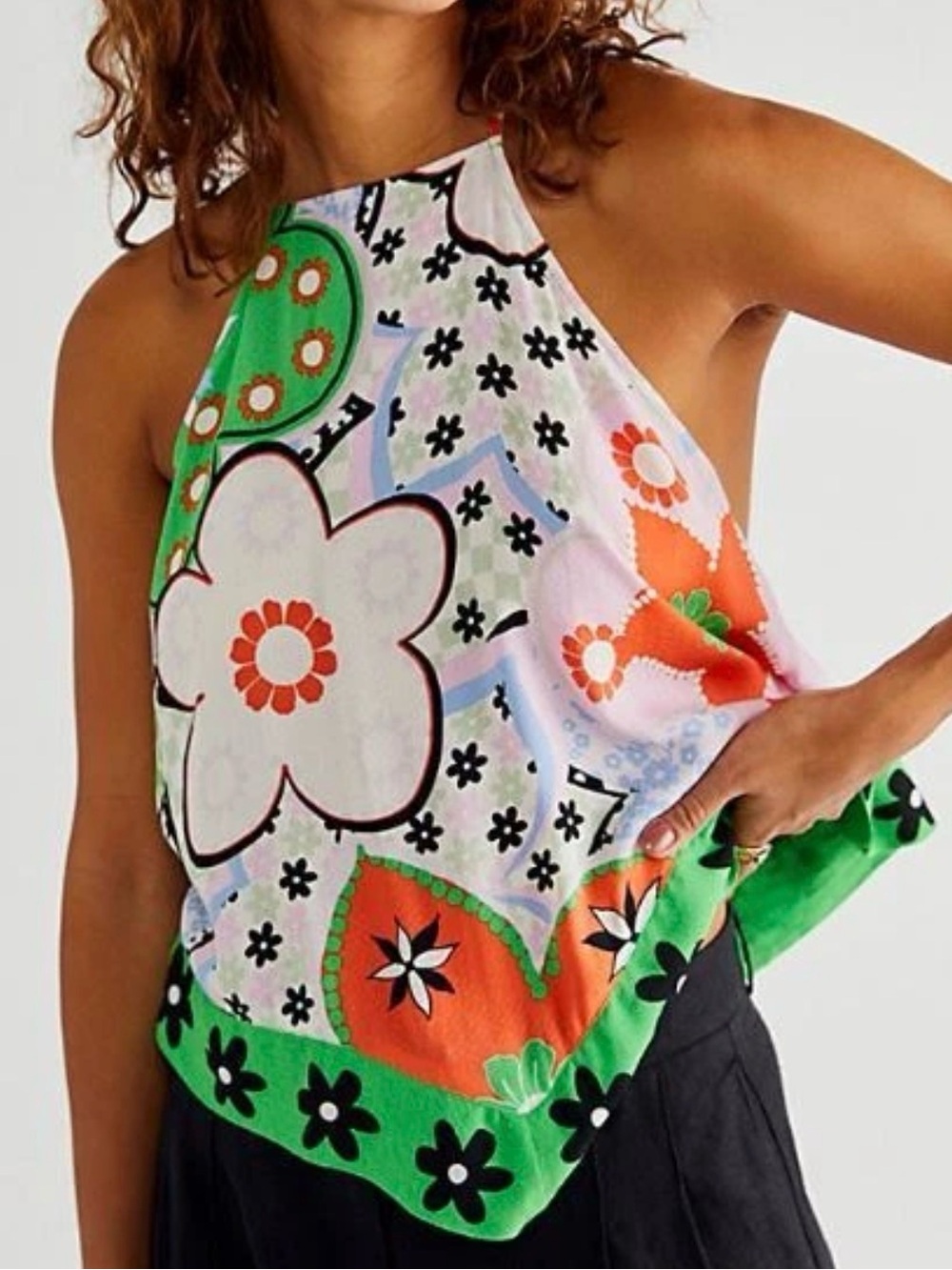 FREE PEOPLE I DARE YOU GREEN ORANGE FLORAL SLEEVELESS HALTER TANK TOP MEDIUM NWT